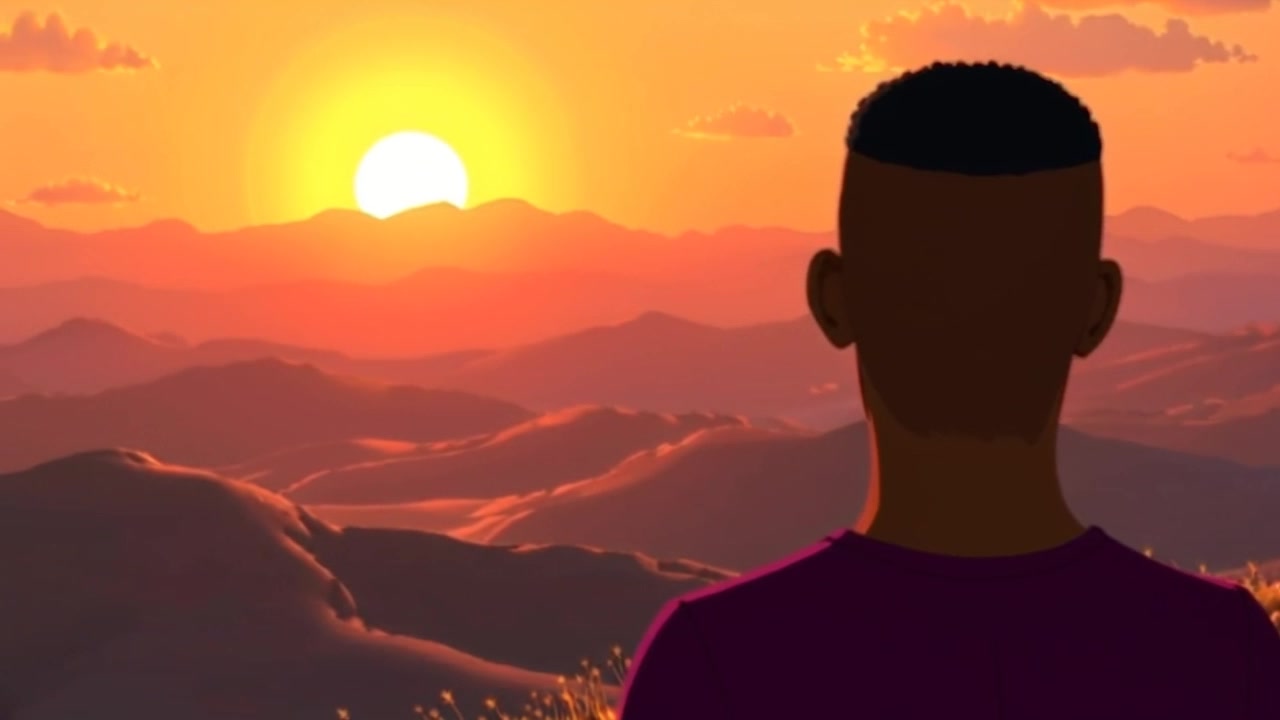 Subject: A figure standing contemplatively on a hilltop. Subject movement: The figure gazes out across the vast landscape, shifting slightly to take in the scenery. Scene: Hilltop overlooking rolling hills bathed in the warm glow of a setting sun, creating a rich tapestry of color and texture. Style: Soft, ambient sunset lighting enhances the warm tones of the landscape. Motion: The camera captures a gradual push-in towards the figure, highlighting both their silhouette against the horizon and the undulating terrain below.