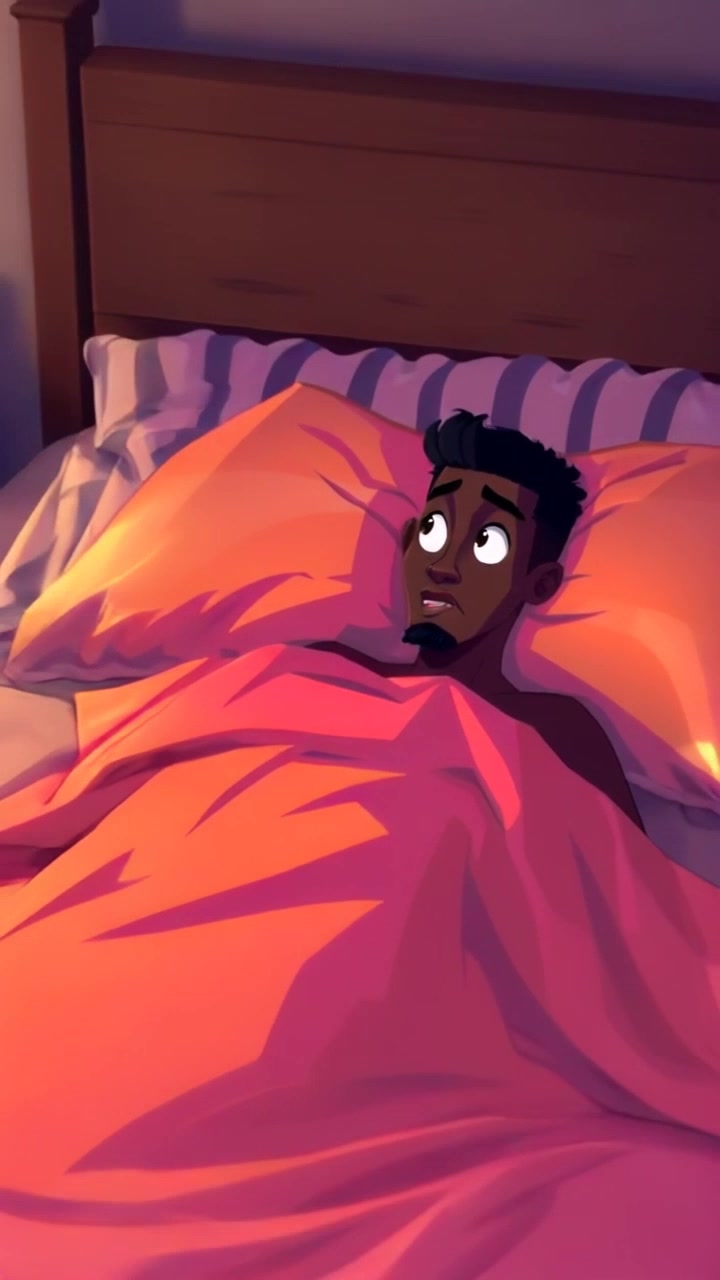 Subject: A young man lying in bed. Subject movement: He quickly turns his head, eyes wide with surprise, as he reacts to a soft crying sound coming from outside the room. Scene: Cozy bedroom illuminated by early morning light, with soft bedding and a nightstand featuring a digital clock. Motion: The camera begins with a close-up of his surprised face, then smoothly pulls back to capture the surrounding room, creating an intimate yet spacious atmosphere.