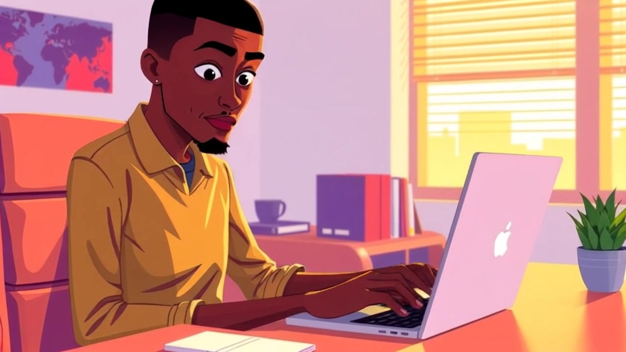 Subject: A focused individual typing on a laptop. Subject movement: The individual's fingers move swiftly across the keyboard as their eyes dart across the screen, typing with concentration. Scene: A well-lit office filled with modern decor, plants, and stationery, conveying a productive atmosphere. Style: Bright, natural light illuminating the workspace, creating a warm and inviting environment. Motion: The camera performs a subtle push in towards the desk, capturing the intensity of the moment as it shifts focus between the laptop screen and the individual's engaged expression.