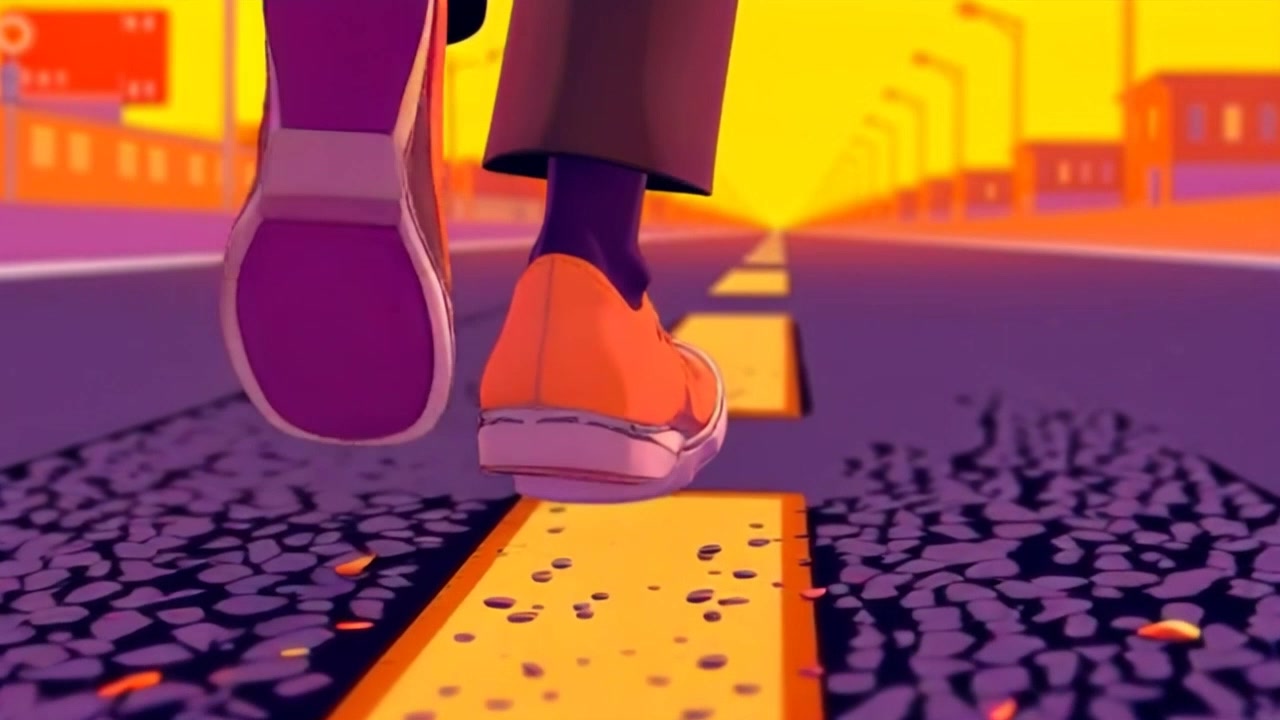 Scene: A close-up shot of feet stepping confidently onto a sunlit asphalt road, capturing the texture of the pavement. Style: Bright, midday lighting emphasizing the details of the footwear and the road surface. Motion: The camera slowly pushes in on the feet as they make contact with the asphalt, with gentle vibrations transmitted through the surface to illustrate the impact of the step.