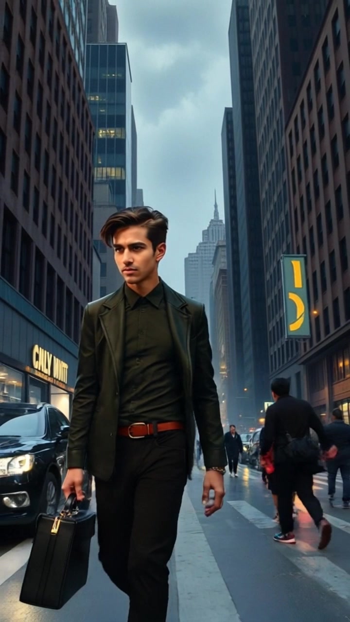 Subject: A person walking briskly along a busy city street, gripping a briefcase. Subject movement: The figure strides forward confidently, weaving through a crowd of pedestrians, as they make their way past towering skyscrapers. Scene: A bustling city street with skyscrapers stretching high into the sky, people moving in multiple directions, the energy palpable. Style: Bright, vibrant city lights with mid-morning clarity. Motion: The camera follows the person from a low angle, creating a dynamic and immersive tracking shot that emphasizes their forward motion amidst the urban hustle.
