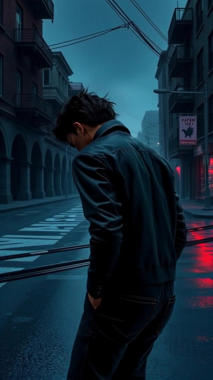 Subject: A figure standing in despair. Subject movement: The figure slowly slumps down to their knees, their gaze fixed on the empty road ahead. Scene: A wide view of a deserted road, lined with barren trees under an overcast sky. Style: Moody, subdued lighting creating a somber atmosphere. Motion: The camera begins with a wide shot capturing the isolation of the scene, then gently pushes in to focus on the figure as they kneel, emphasizing their emotional turmoil and the starkness of the surroundings.