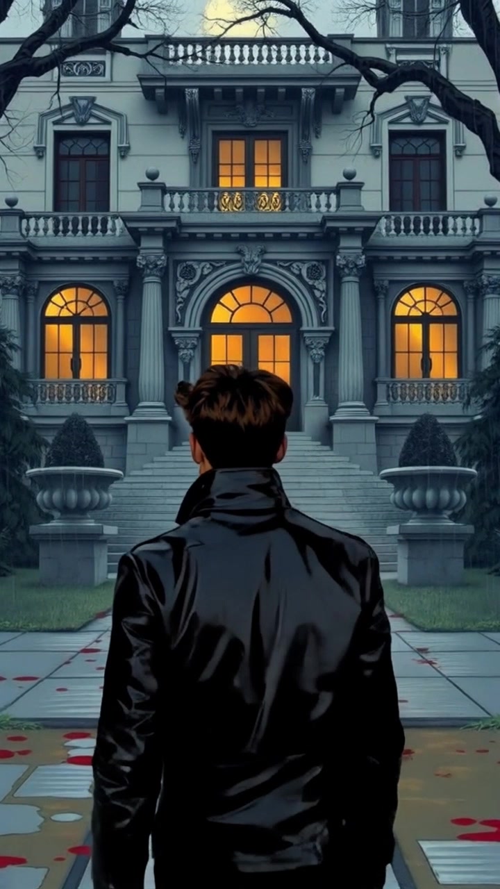 Scene: A grand entrance of a large, old mansion surrounded by tall, lush trees. Style: Soft, golden-hour lighting casting long shadows, enhancing the intricate architecture of the mansion. Motion: Camera begins with a wide shot of the mansion, then slowly pushes in while Arjun walks by, creating a sense of movement and depth as the mansion looms impressively in the background.