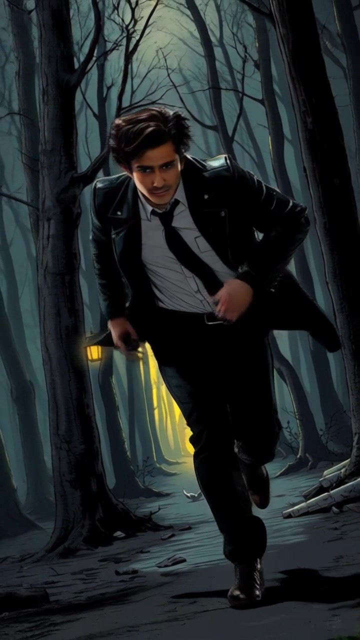 Subject: A figure sprinting through a hauntingly dim forest, escaping from an encroaching dark shadow. Subject movement: The figure runs frantically, weaving between the trees with urgency. Scene: The forest is dense and shrouded in mist, with twisted branches and faint light filtering through. Style: Low-light, eerie atmosphere with flickering shadows enhancing the tension. Motion: Handheld camera tracking shot follows closely behind, capturing the rapid footfalls and rustling foliage as the shadow looms closer.