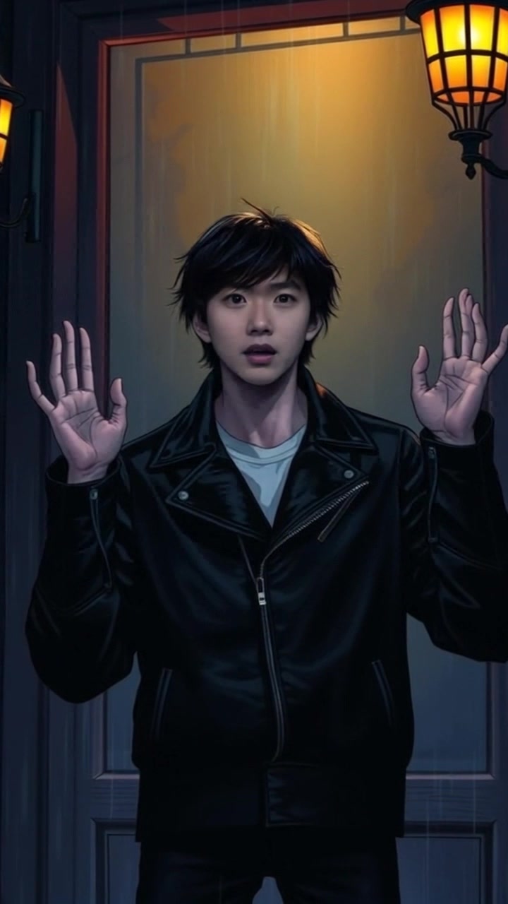 Subject: A surprised individual, Ken, in a dimly lit room. Subject movement: Ken moves slightly, raising his hands in question while glancing around as if seeking answers. Scene: The atmosphere is tense in a shadowy room filled with indistinct shapes and muted colors. Style: Low-key lighting, creating a dramatic contrast with the soft glow illuminating Ken's face. Motion: The camera employs a slow, immersive dolly in, tightening focus on Ken's expression, capturing the vulnerability and curiosity in his gaze.