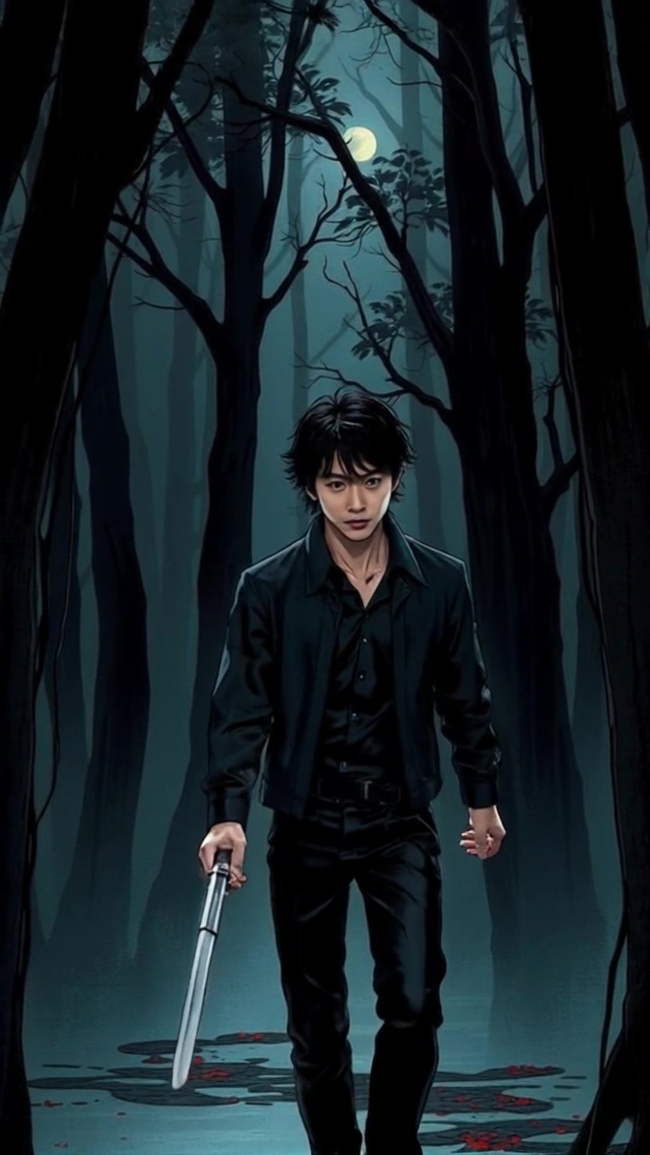 Subject: A determined figure stepping forward. Subject movement: The figure strides confidently into the dark forest, his silhouette cutting through the shadows. Scene: A foreboding forest with towering trees, thick underbrush, and an eerie atmosphere enhanced by looming darkness. Style: Dimly lit with shadows creating a dramatic effect, interspersed with beams of moonlight filtering through the leaves. Motion: Camera tracks closely behind the figure, maintaining a steady pace as he navigates through the dense foliage, capturing the intensity of his journey.