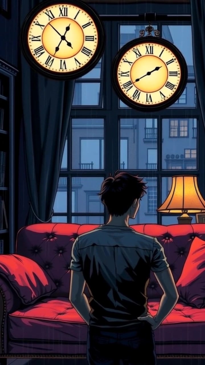 Scene: A dimly lit living room with soft shadows and muted colors, featuring a decorative clock showing midnight. Style: Ambient lighting creates an introspective and moody atmosphere. Motion: The camera slowly pushes in on Ken, who is seated alone, his gaze fixed on the clock as the second hand moves steadily, accentuating the silence and tension of the moment.