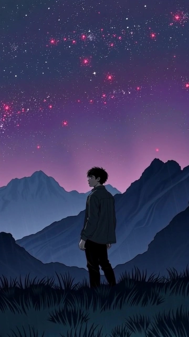 Subject: A figure stands motionless on a grassy hilltop, gazing at a star-filled sky. Scene: Grassy hilltop with mountains silhouetted against a night sky filled with stars and the Milky Way. Style: Ambient lighting with soft, twinkling stars illuminating the darkness, creating a serene and contemplative atmosphere. Motion: The camera slowly pushes in towards the figure, capturing the vastness of the starry night and the quiet majesty of the surrounding mountains.