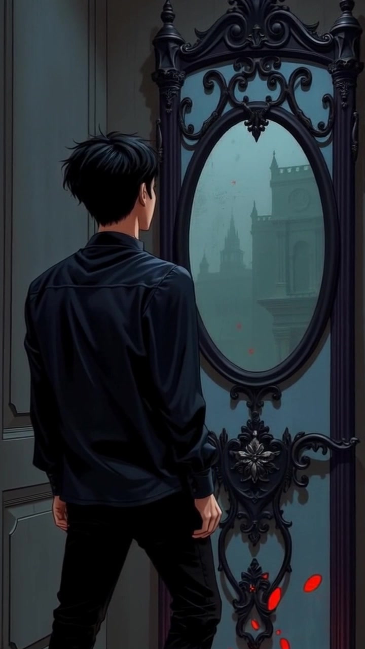 Scene: A dimly lit room where a person is contemplatively gazing into a large mirror. Style: Soft, ambient lighting that creates a warm, introspective atmosphere, dim shadows softly enveloping the edges of the room. Motion: Camera slowly pushes in towards the subject's reflection, capturing the nuances of their thoughts as the mirror reflects hints of the room's decor.