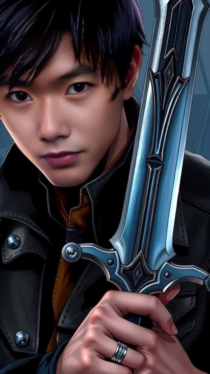 Subject: A person gripping a beautifully crafted dagger with a focused expression of determination. Subject movement: The person raises the dagger steadily in front of him, the blade catching the light as he prepares for an imminent challenge. Scene: Intense close-up of the subject against a blurred, shadowy background, emphasizing the dagger and his expression. Style: Dramatic, low-key lighting with sharp contrasts highlighting the fine details of the dagger and the tension in his face. Motion: Camera pushes slowly in towards the dagger, creating an intimate connection as the light flickers across the blade's surface.