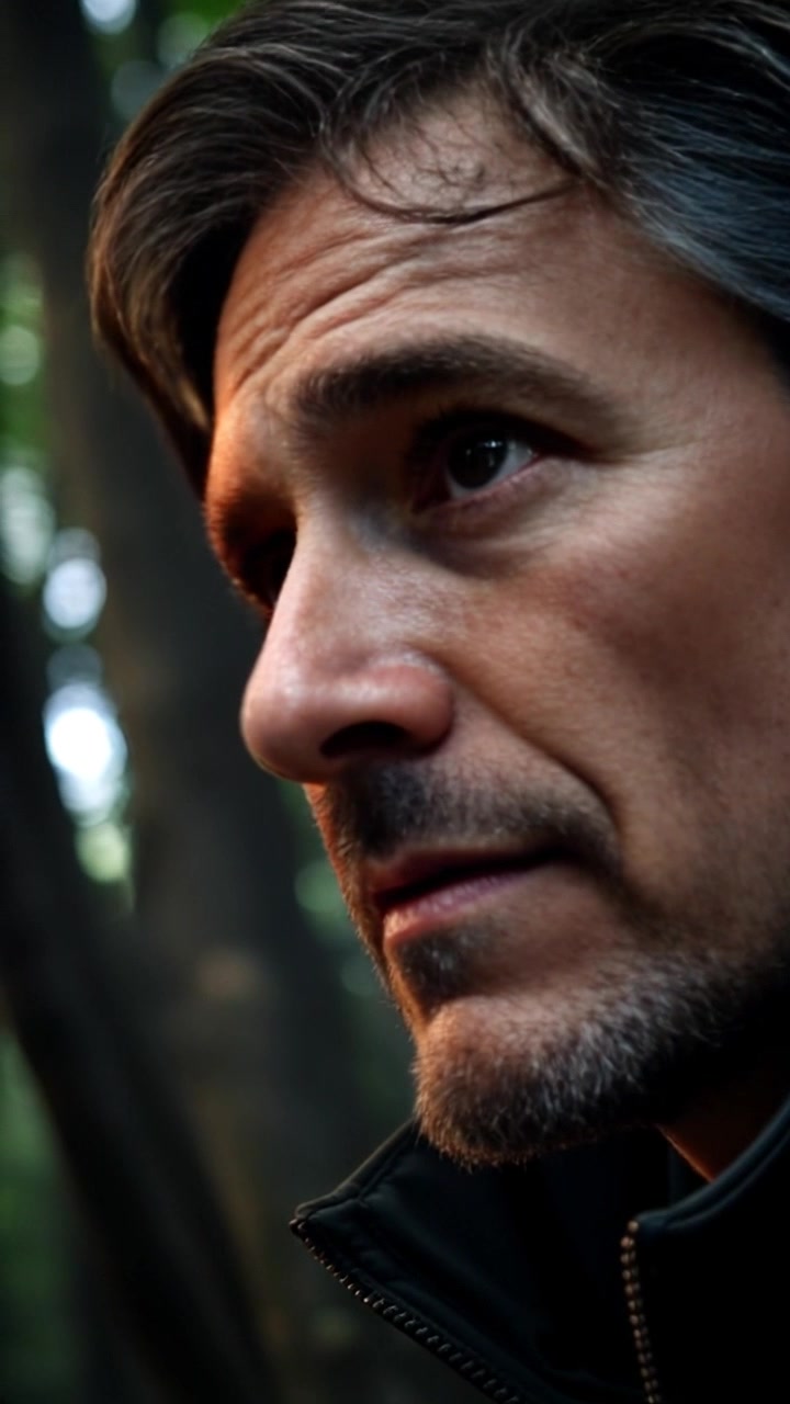 Scene: A close-up of a person's face with a furrowed brow, gazing contemplatively into the distance in a dense, green forest. Style: Soft, diffused sunlight filtering through the leaves, creating dappled patterns on the face. Motion: The camera gently pushes in on the subject, capturing the intensity of his expression, while the surrounding forest becomes blurred in a gentle bokeh effect, highlighting his thoughtful demeanor.
