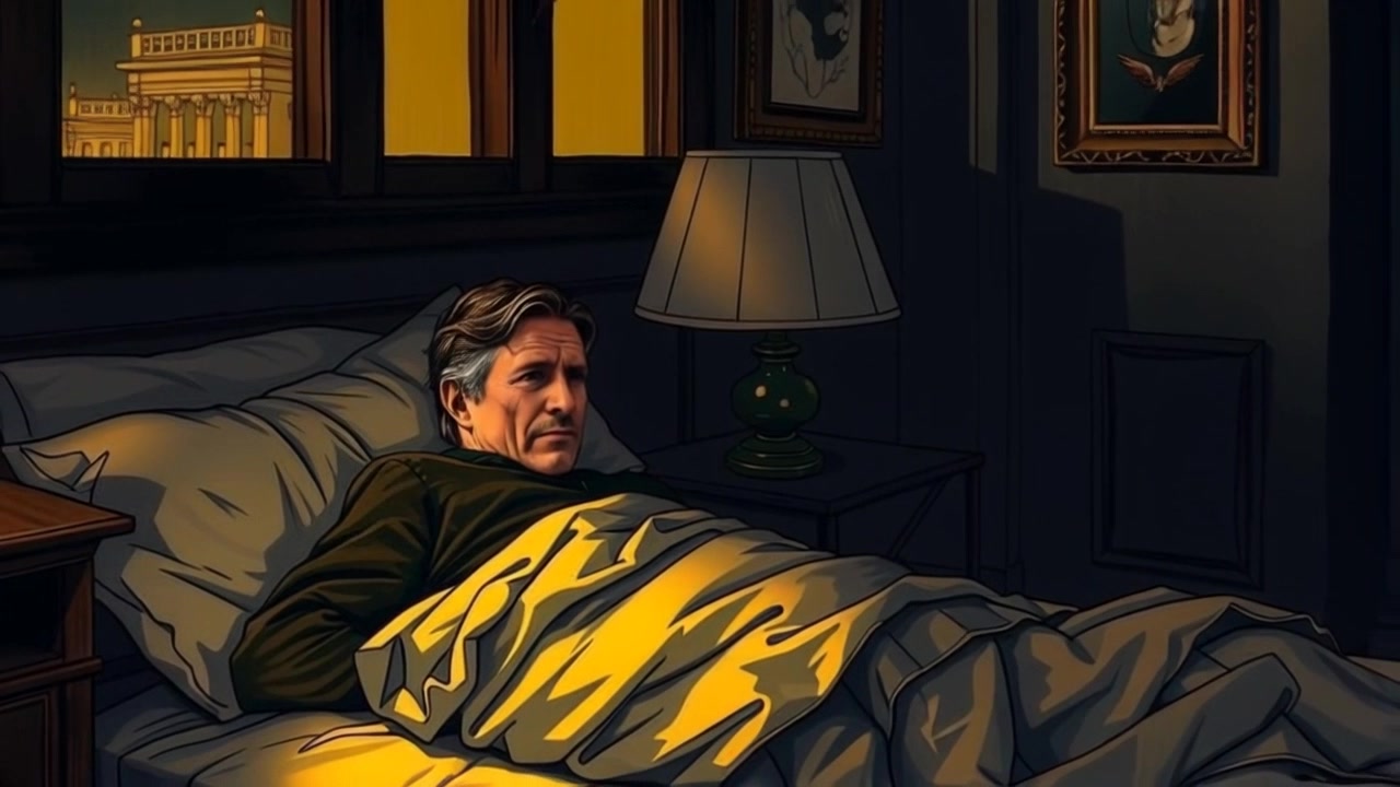 Scene: A dimly lit bedroom where shadows play across the walls, creating a mysterious atmosphere. Style: Low-key lighting that enhances the contours of the room, giving it a moody feel. Motion: The camera starts with a close-up of Mark lying in bed, slowly pulling back to reveal the entire room, the shadows flickering subtly as the camera adjusts to reveal the space.