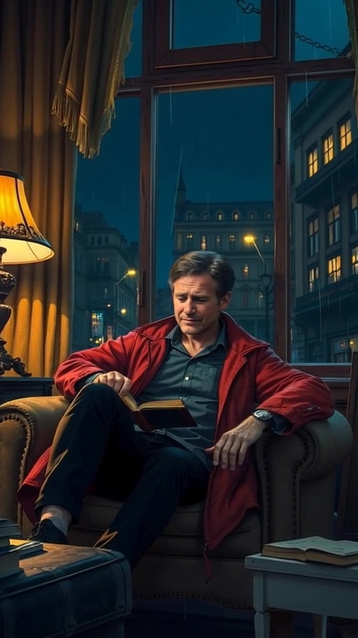 Subject: A person sitting on a cozy chair, holding an old book with a worried expression. Scene: A dimly lit room filled with warm, soft tones, casting shadows that enhance the atmosphere of intrigue and contemplation. Motion: Camera gently pushes in towards the person, capturing the nuances of their expression and the details of the old book, while the lighting flickers slightly to create an intimate, moody ambiance.