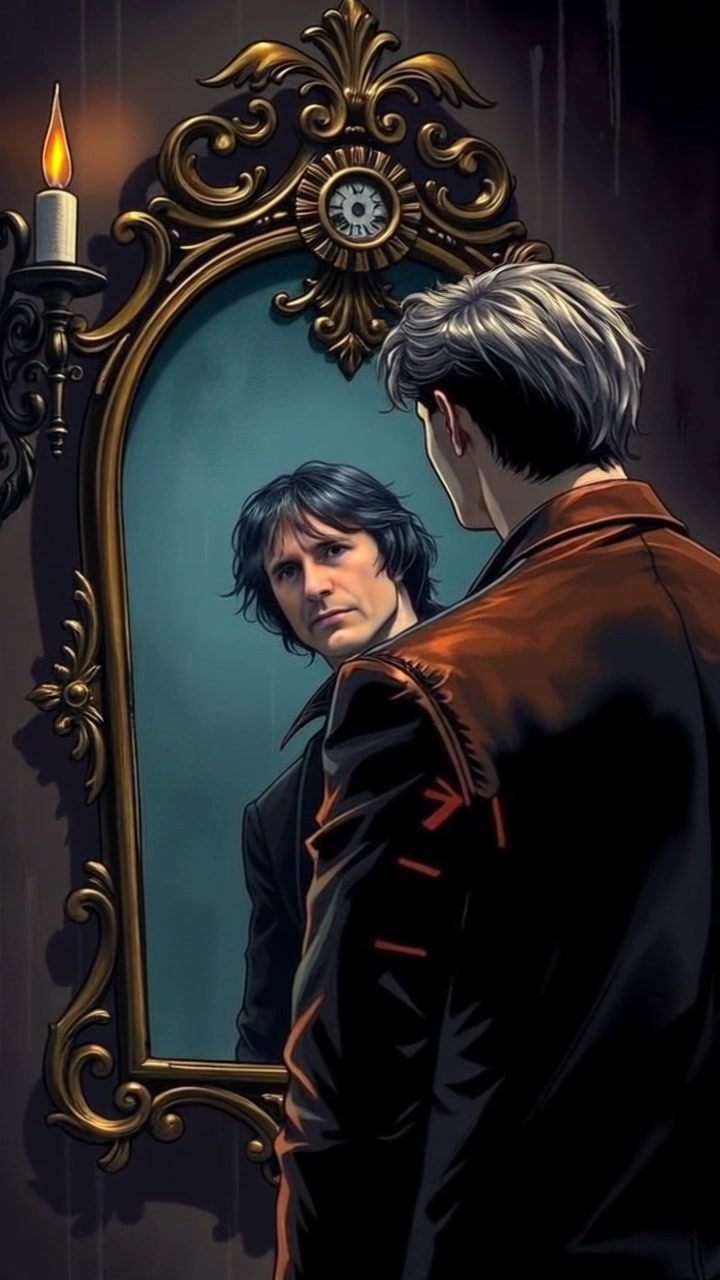 Scene: A dimly lit room featuring an ornate antique mirror, where a figure stands lost in thought, gazing at their reflection. Style: Soft, ambient lighting creates a mysterious atmosphere, with shadows and muted tones enhancing the sense of introspection. Motion: The camera slowly pushes in towards the mirror, capturing the subtle depth in the reflection, as gentle flickers of light dance across the glass surface.
