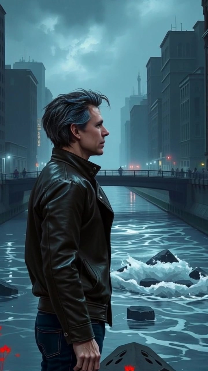 Subject: A person standing by a shimmering river. Subject movement: The individual shifts their weight slightly, lost in contemplation as the gentle current flows past. Scene: Lush riverbank surrounded by trees, sunlight filtering through the leaves, reflecting on the water's surface. Style: Soft, warm lighting cascading through the foliage, creating a tranquil and contemplative atmosphere. Motion: Camera slowly zooms in on the subject, capturing their pensive expression, while the serene movement of the water creates a calming backdrop.