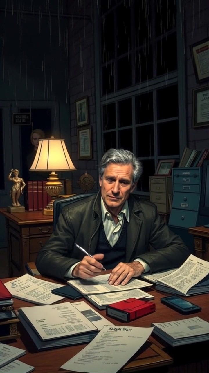 Scene: A nearly dark office filled with scattered papers around a desk where Mark is seated, absorbed in work. Style: Dim lighting from a desk lamp casts dramatic shadows, enhancing the tense atmosphere of late-night productivity. Motion: The camera slowly dolly in, capturing a closeup of Mark as he writes, the faint flicker of the lamp illuminating his focused expression.