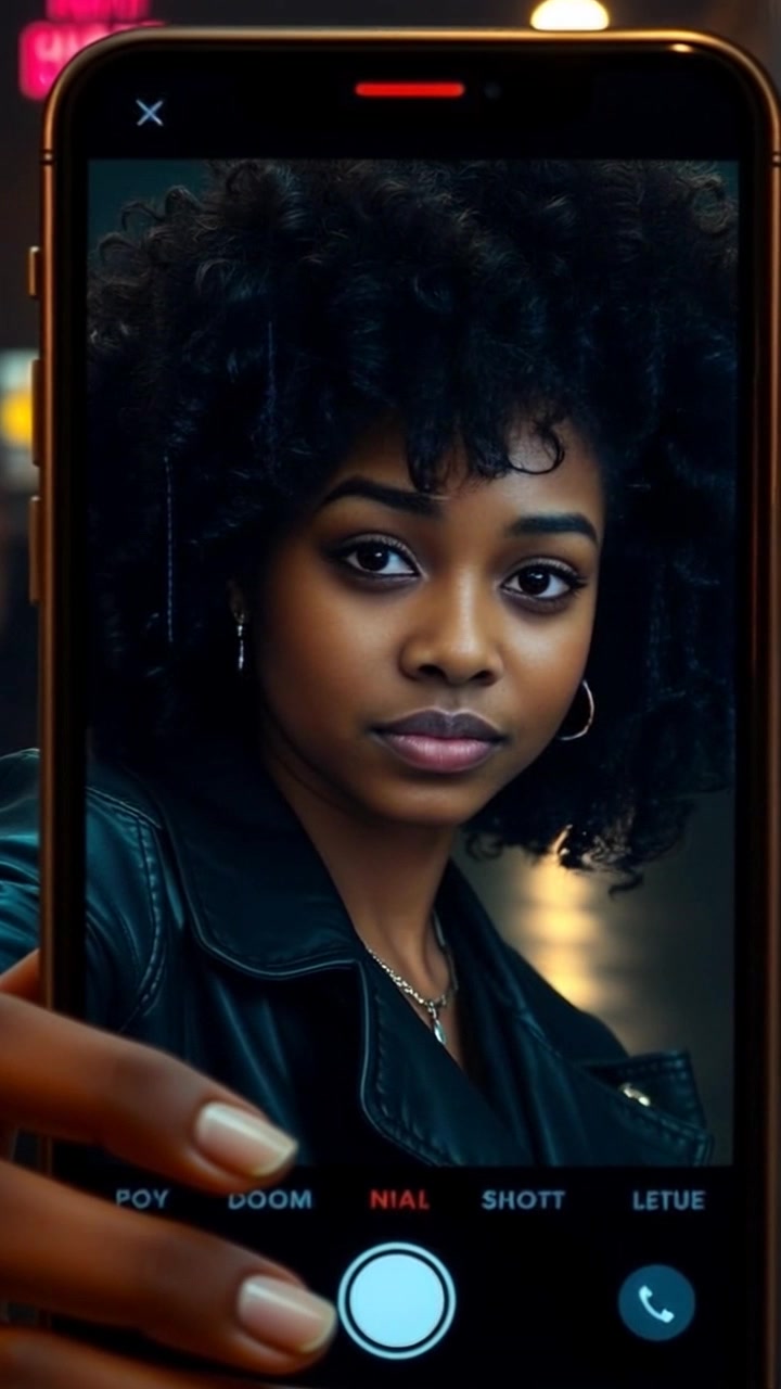 Scene: A close-up of a phone screen displaying a selfie of a person with a worried expression. Style: Soft, diffused lighting creating an introspective mood. Motion: The camera slowly zooms in on the screen, revealing the intricate details of the phone and the subtle changes in the person's expression as they glance away, momentarily breaking eye contact with the camera.