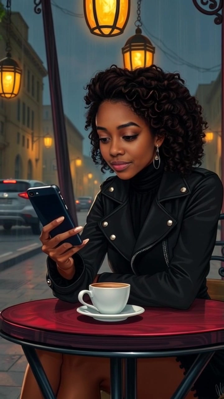 Subject: A young woman enjoying coffee at an outdoor café table. Subject movement: She lifts her cup to sip, her gaze focused on her phone screen with occasional expressions of curiosity. Scene: Cozy café with wooden tables, surrounded by lush greenery and a bustling street in the background. Style: Soft morning light filtering through tree leaves, casting gentle shadows. Motion: Camera performs a slow push-in, getting closer to her face to capture her expressions as the world buzzes around her.