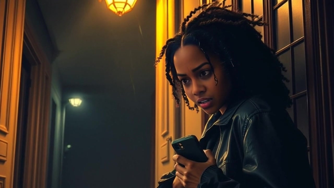 Subject: A young woman exhibiting a look of fear. Scene: Dimly lit room, shadows lurking in the corners, creating an atmosphere of suspense. Motion: The camera slowly dolly in towards her, capturing the tension as she clutches her phone tightly, her breath visible in the chilly air. Lighting: Soft, ambient light with deep shadows contributing to a moody, suspenseful atmosphere.
