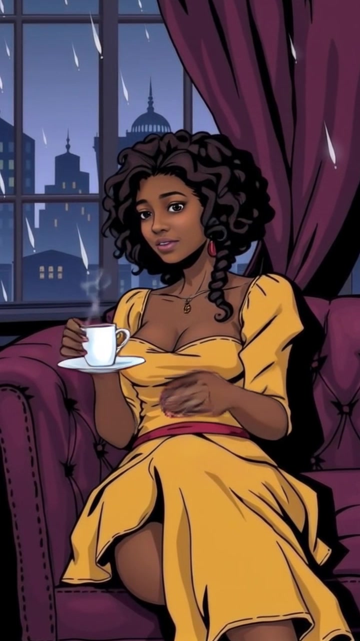 Subject: A person sitting on a cozy sofa. Subject movement: The person gently lifts the steaming cup of tea to their lips, deep in thought. Scene: A warm living room, with soft lighting filtering through a window, creating a tranquil atmosphere. Motion: The camera slowly pushes in, capturing the serene expression on the person's face as they gaze outside, the steam rising from the cup adding to the cozy vibe.