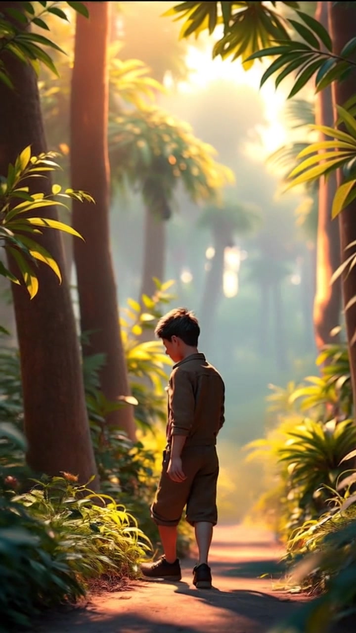 Subject: A person searching in a dense forest. Subject movement: The individual wanders thoughtfully between towering trees, glancing actively at the foliage for clues. Scene: Dense forest with sunlight filtering through the leaves, creating a dappled pattern on the forest floor. Style: Soft, ambient lighting giving a serene and mysterious atmosphere. Motion: Camera follows closely, weaving between trees and smoothly tracking the person's movements as they explore their surroundings.