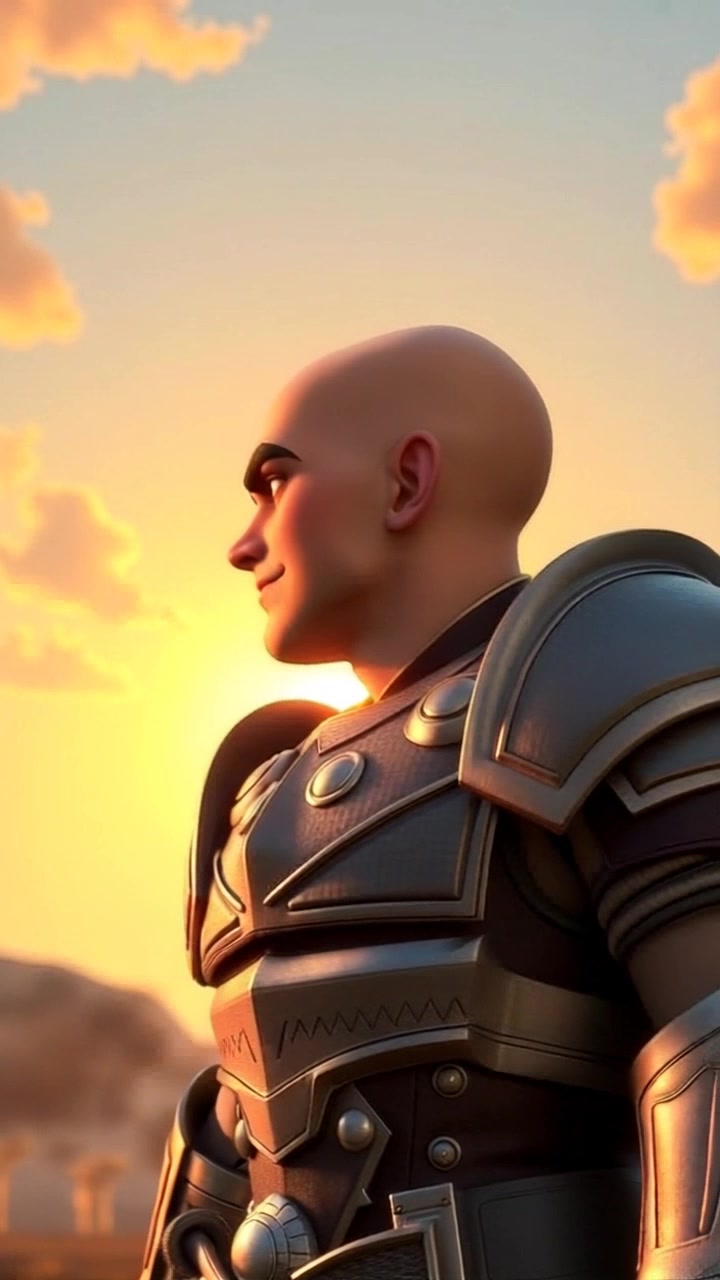 Subject: A warrior in heavy armor. Subject movement: The warrior stands confidently, slowly turning his head to scan the horizon as the sun sets behind him. Scene: A dramatic battlefield silhouetted against a vibrant sunset, with hues of orange and purple casting an ethereal glow. Style: Twilight lighting with deep shadows enhancing the armor's texture and ferocity. Motion: The camera begins with a steady close-up of the warrior's expression and then smoothly pushes out to reveal the expansive battlefield, emphasizing the heroic stance.
