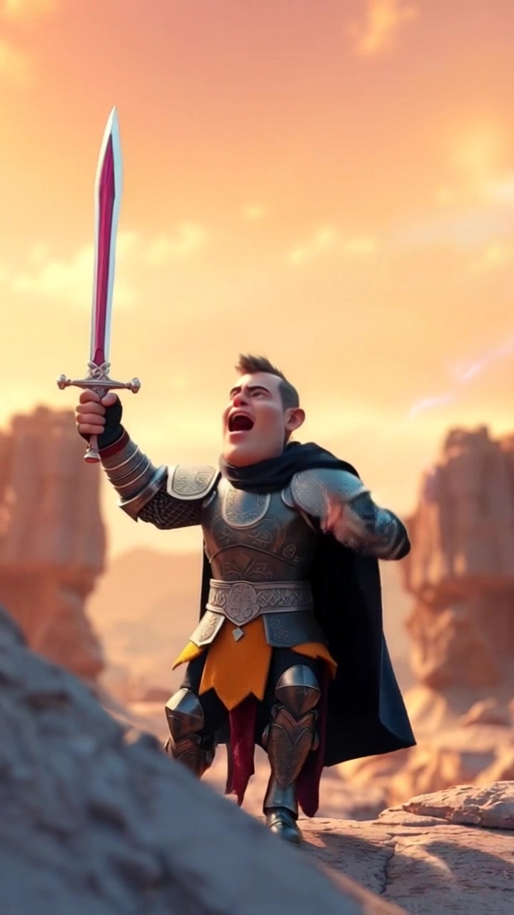 Subject: A heroic figure in armor. Subject movement: The figure raises his sword triumphantly in a rugged rocky landscape, his posture exuding confidence as he shouts defiantly. Scene: A dramatic rocky terrain under a stormy sky, emphasizing the tension of the moment. Style: Dark, moody lighting punctuated by vivid flashes of lightning illuminating the armor. Motion: The camera begins with a close-up on the raised sword, then pulls back smoothly to reveal the vast, chaotic landscape around him, capturing the urgency and energy of the scene.