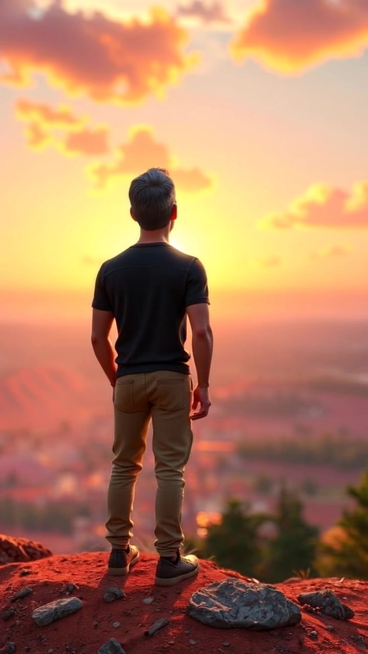 Subject: A figure stands atop a hill, contemplating the vast landscape ahead. Scene: A scenic hilltop overlooking rolling hills and valleys, bathed in the warm glow of a vibrant sunset. Lighting: Soft, golden-hour light illuminating the terrain in shades of orange and pink. Motion: The camera slowly pans around the figure, capturing the expansive view of the landscape while letting the sunset colors shift dynamically in the background.