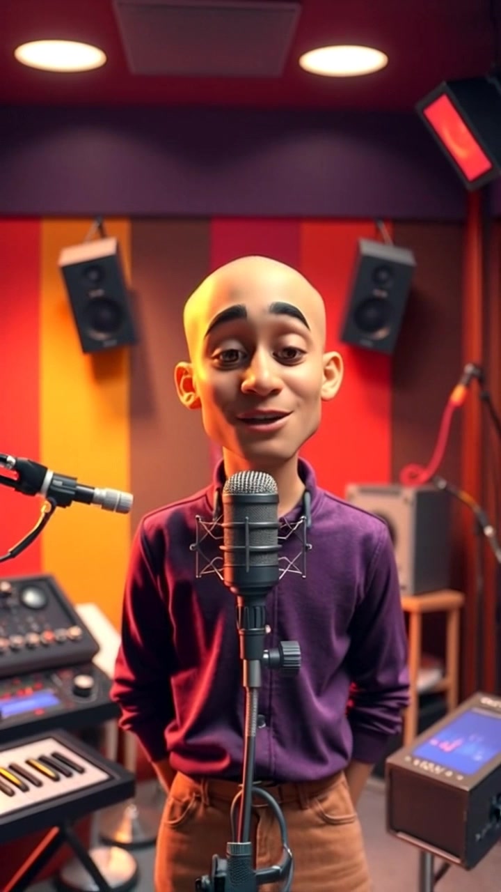 Subject: A musician stands focused in front of a microphone in a recording studio. Subject movement: The musician sways slightly, engaging with the rhythm, preparing to record. Scene: Intimate recording studio filled with an array of high-end sound equipment, dimly lit with soft, warm lights casting a glow over the space. Motion: Camera begins with a close-up shot of the microphone and gradually pulls back to reveal the musician's full stance, capturing the energy and anticipation of the moment.