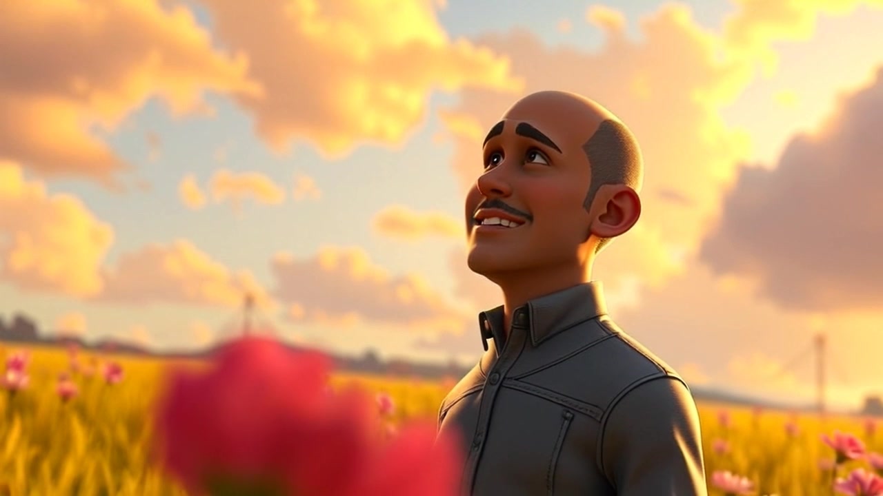 Subject: A figure standing in a field, gazing up at the sky, embodying unwavering faith. Subject movement: The figure slowly raises his arms in a gesture of surrender to the heavens. Scene: An expansive green field under a vast blue sky dotted with fluffy white clouds. Style: Bright, midday lighting creating a sense of openness and possibility. Motion: A smooth dolly-in shot toward the figure, capturing the serene expression and the lush landscape around him.