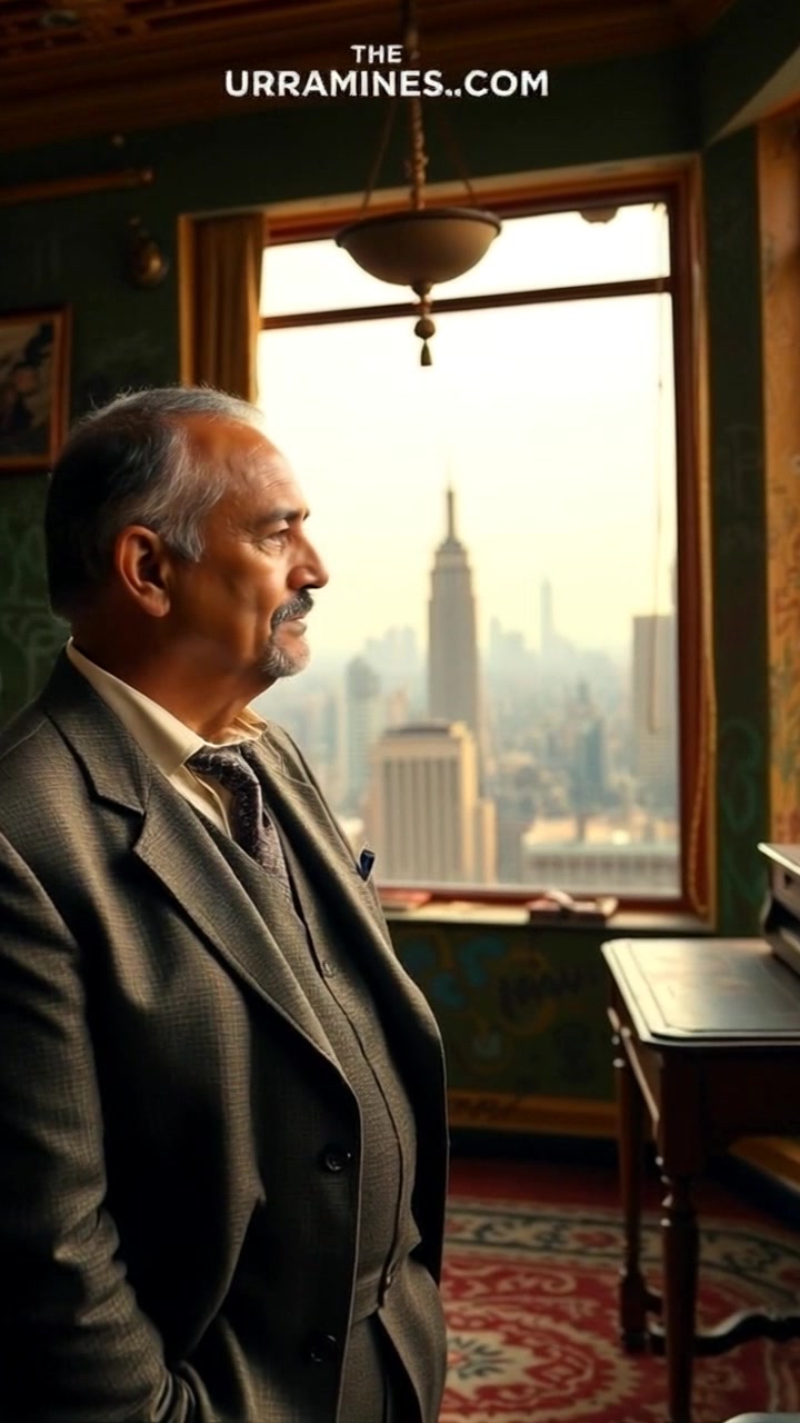 Subject: The Raj gazing thoughtfully out of a large window in a lavish office, the city skyline visible behind him. Subject movement: His posture shifts subtly as he reflects, with a slight turn of his head to take in the view. Scene: A luxurious office setting, adorned with elegant furnishings and rich textures, casting a backdrop of urban sophistication. Style: Soft, ambient lighting enhancing the opulence of the space, conveying a contemplative mood. Motion: Camera slowly pushes in towards The Raj, focusing on his expression and the city backdrop, capturing the depth of his thoughts.