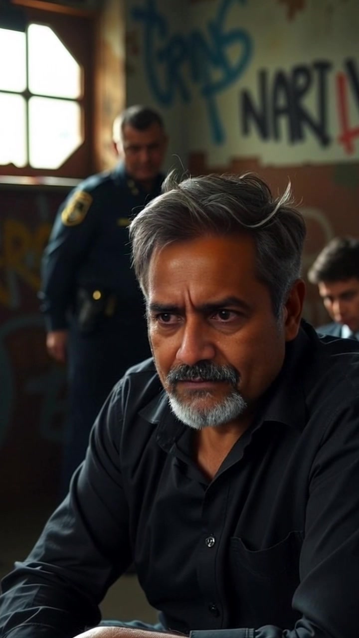 Scene: Dimly lit interrogation room with a tense atmosphere, featuring Raj seated at a table, framed by shadows, while a police officer looms in the background. Style: Low-key lighting emphasizes the starkness and tension of the setting, creating dramatic contrasts. Motion: Camera slowly zooms in on Raj's anxious expression, capturing the subtle shifts in his body language as he processes the situation.