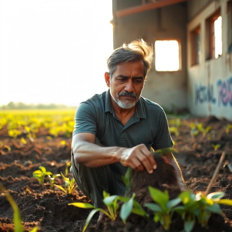 Subject: A diligent worker tilling soil in a sunlit field. Subject movement: The worker methodically maneuvers a hoe, turning over rich earth with steady, rhythmic motions. Scene: Lush green fields stretching into the horizon, bathed in bright afternoon sunlight. Style: Warm, radiant lighting illuminating the vibrant colors of the soil and plants. Motion: Camera gently pans across the field, showcasing the worker's determination while capturing the expansive beauty of the landscape.