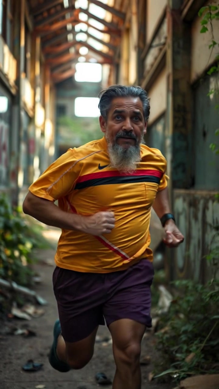 Subject: A determined runner, visibly exhausted yet pushing forward. Subject movement: He sprints along a winding path, sweat glistening on his brow as he battles fatigue. Scene: A lush, natural running trail surrounded by vibrant greenery, dappled sunlight filtering through the leaves. Style: Bright, midday lighting illuminating the scene, creating a sense of urgency and focus. Motion: Handheld camera tracking shot follows closely behind, capturing the runner's rhythmic strides and the rustling leaves as he races past.