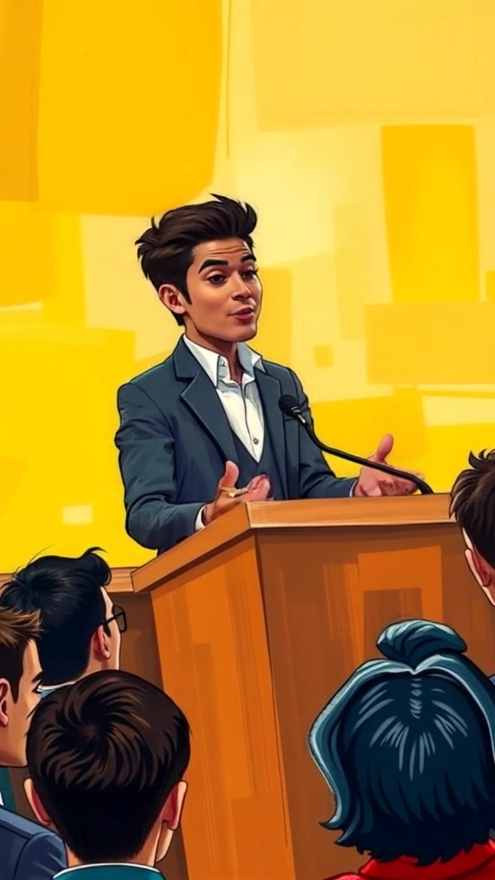 Subject: A confident speaker passionately gesturing at a debate podium. Subject movement: The speaker moves his hands energetically as he articulates his points. Scene: A debate hall filled with an attentive audience, with soft spotlighting on the speaker. Style: Ambient lighting highlighting the intensity of the debate, creating a focused atmosphere. Motion: The camera pushes in slowly from the back of the audience towards the speaker, capturing the reactions of audience members while maintaining a steady focus on his movements.