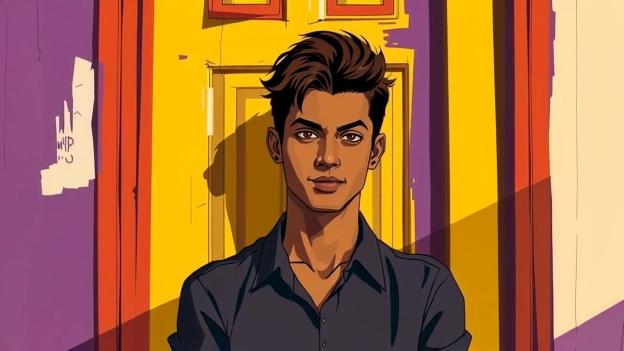 Subject: A confident figure stands in front of a closed door. Subject movement: The figure shifts slightly, as if preparing to step forward. Scene: A dimly lit corridor, with shadows playing against the walls, leading to the closed door. Style: Moody lighting creates a tense atmosphere, accentuating the determined expression. Motion: Camera does a slow push-in towards the figure, emphasizing their steady stance as the weight of anticipation fills the air.