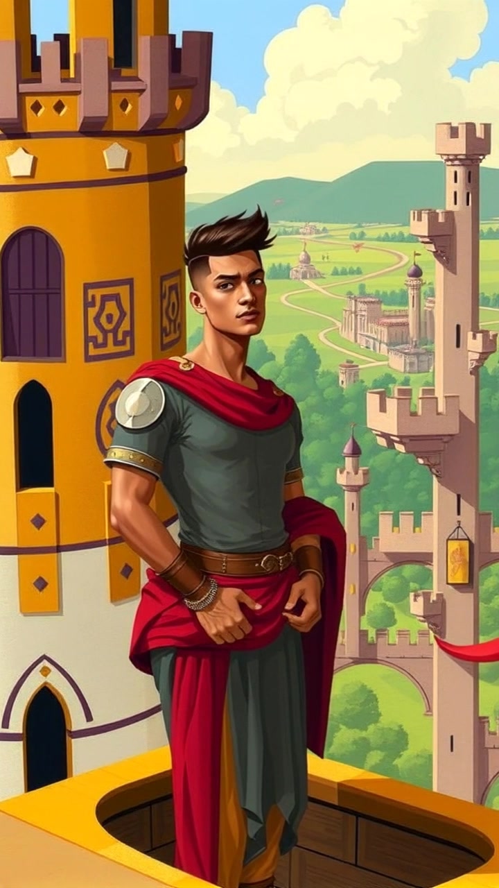 Subject: A determined figure standing confidently on a castle balcony. Subject movement: The figure gazes intently over the kingdom, the wind gently blowing through their hair. Scene: A grand castle balcony overlooking a sprawling kingdom, with lush forests and distant mountains in the background. Style: Soft morning light casting a warm glow over the scene, creating an inviting atmosphere. Motion: The camera begins with a close-up on the figure's face, capturing their expression before smoothly pulling back to reveal the expansive view of the kingdom.