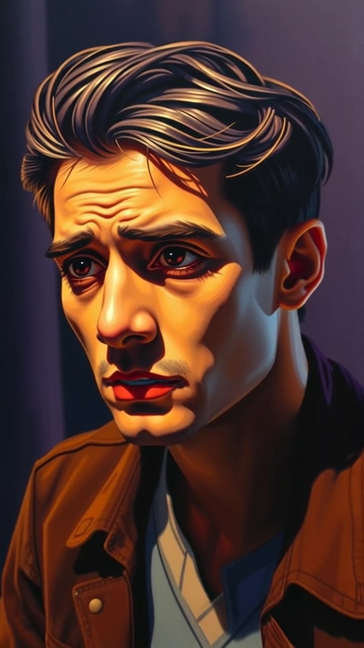 Subject: A figure seated at a table, looking anxious and concerned. Scene: In a dimly lit interrogation room, shadows dance across the walls, creating an intense atmosphere. Style: Low-key lighting accentuating the figure's features, casting deep shadows that amplify the tension. Motion: The camera slowly pushes in on the figure's expressive face, subtly shifting angles to capture the unease, while faint sounds of distant murmurs echo in the background.