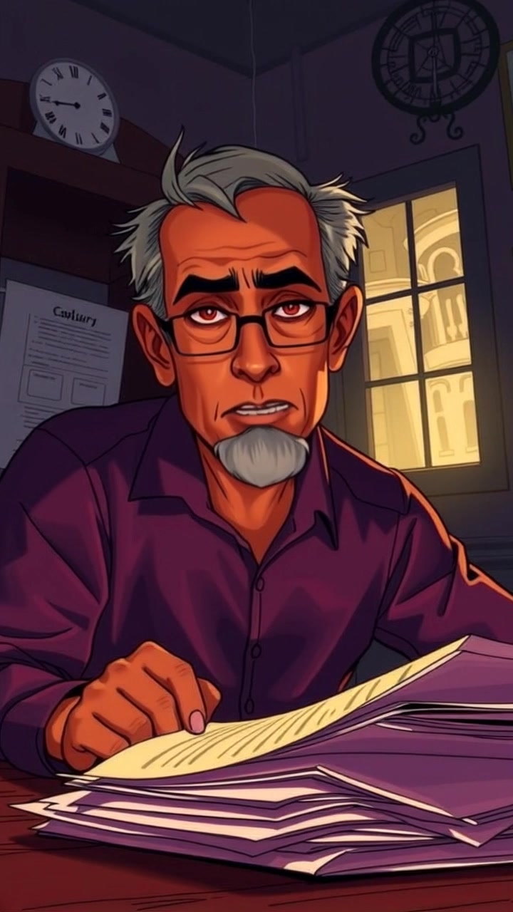 Scene: A dimly lit room with Raj sitting at a desk, studying a stack of documents with a serious expression. Style: Moody lighting highlighting the contours of his face and the texture of the documents. Motion: Camera begins with a close-up of Raj's serious expression, then slowly pushes out to reveal the entire desk scene, emphasizing the weight of the documents under the dim atmosphere.