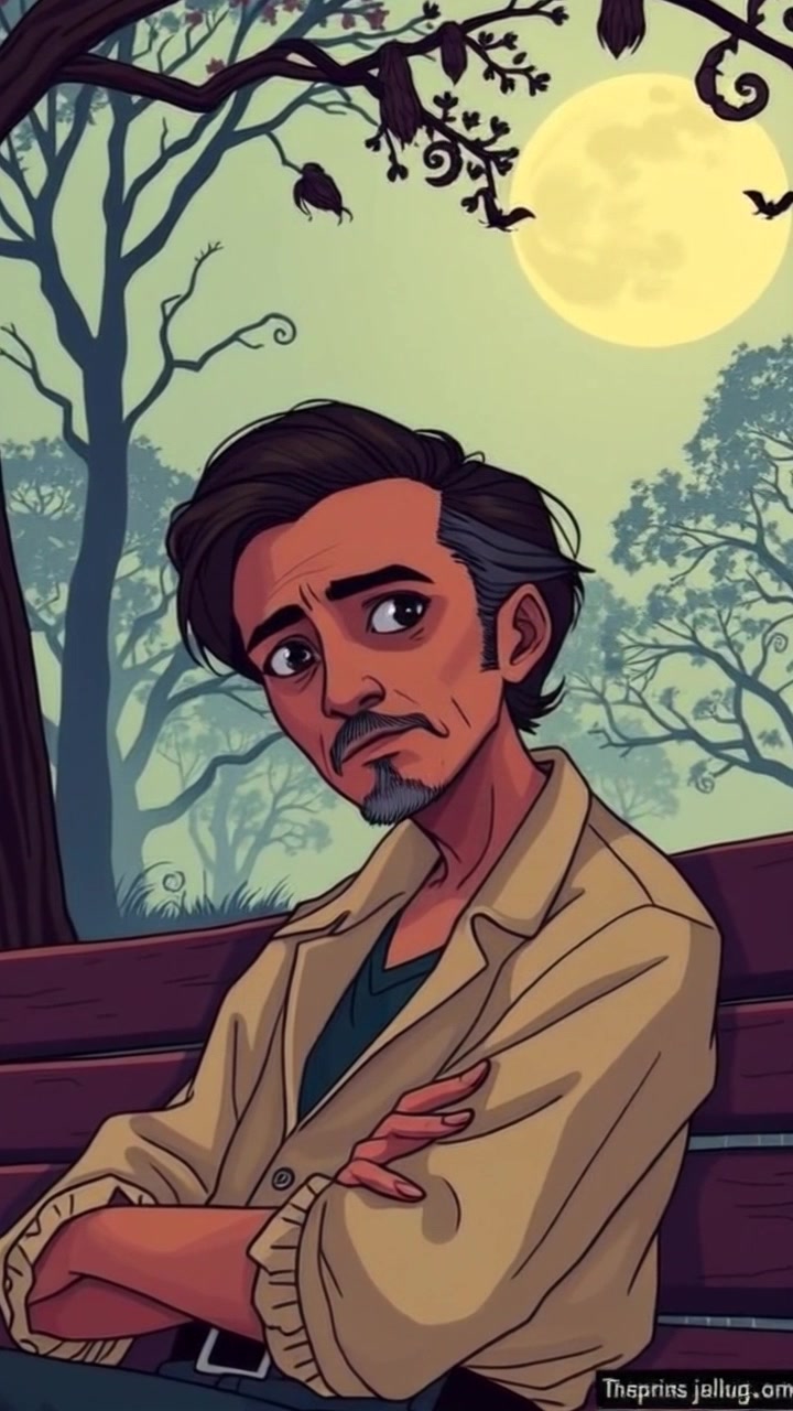 Scene: A man sitting on a park bench in deep thought, surrounded by lush green trees. Style: Soft, ambient morning light filtering through the leaves, creating dappled patterns across the bench. Motion: Camera gently pushes in from a distance, closing the space to focus on the man’s contemplative expression, while the gentle rustling of leaves adds to the serene atmosphere.