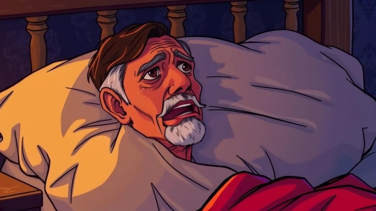 Subject: A young man lying in bed, visibly anxious. Scene: Dimly lit bedroom at night, shadows cast by flickering candlelight creating an eerie atmosphere. Motion: Camera slowly pushes in on the man's face, capturing the tension in his expression as he glances towards the darkness beyond the bed, the sound of a creaking floor adding to the suspense.