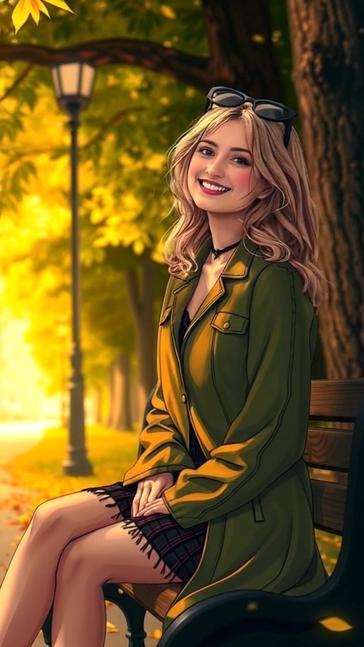 Subject: A person sitting on a park bench with a smile. Subject movement: Ashley gently sways back and forth on the bench, radiating warmth and joy. Scene: A serene park setting with tall trees shedding dappled sunlight through the leaves, casting playful shadows on the ground. Style: Soft, inviting lighting as the sun filters through the foliage, creating a tranquil atmosphere. Motion: Camera slowly pushes in towards Ashley, capturing her smile and the enchanting play of light around her, while the background blurs slightly to enhance the intimate feel of the moment.
