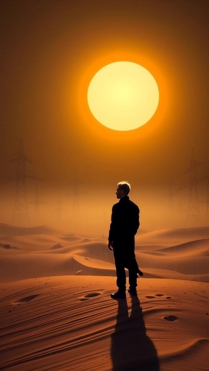 Subject: A silhouette of a figure standing tall on a dune. Subject movement: The figure gazes thoughtfully into the distance, with gentle, shifting movements as the wind tousles their clothing. Scene: A vast desert landscape under a captivating setting sun, casting warm hues across the horizon. Style: Soft golden light blending into deep oranges and purples, creating a tranquil and reflective atmosphere. Motion: The camera slowly pushes in towards the figure, subtly capturing the vastness of the surrounding dunes in the frame, while the sunlight dances off the undulating sand.