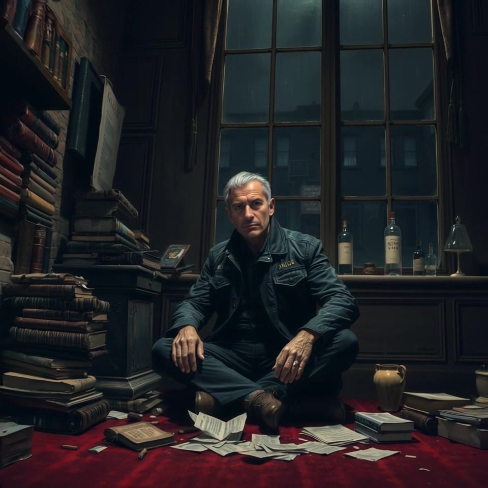 Scene: A dimly lit room filled with old books and scattered papers, creating an atmosphere of quiet solitude. Style: Low, moody lighting enhances the vintage feel, with shadows dancing across the room. Motion: The camera begins with a close-up of the scattered papers, then slowly pulls back, providing a wide shot that reveals the cluttered desk and the comforting chaos surrounding Omar.