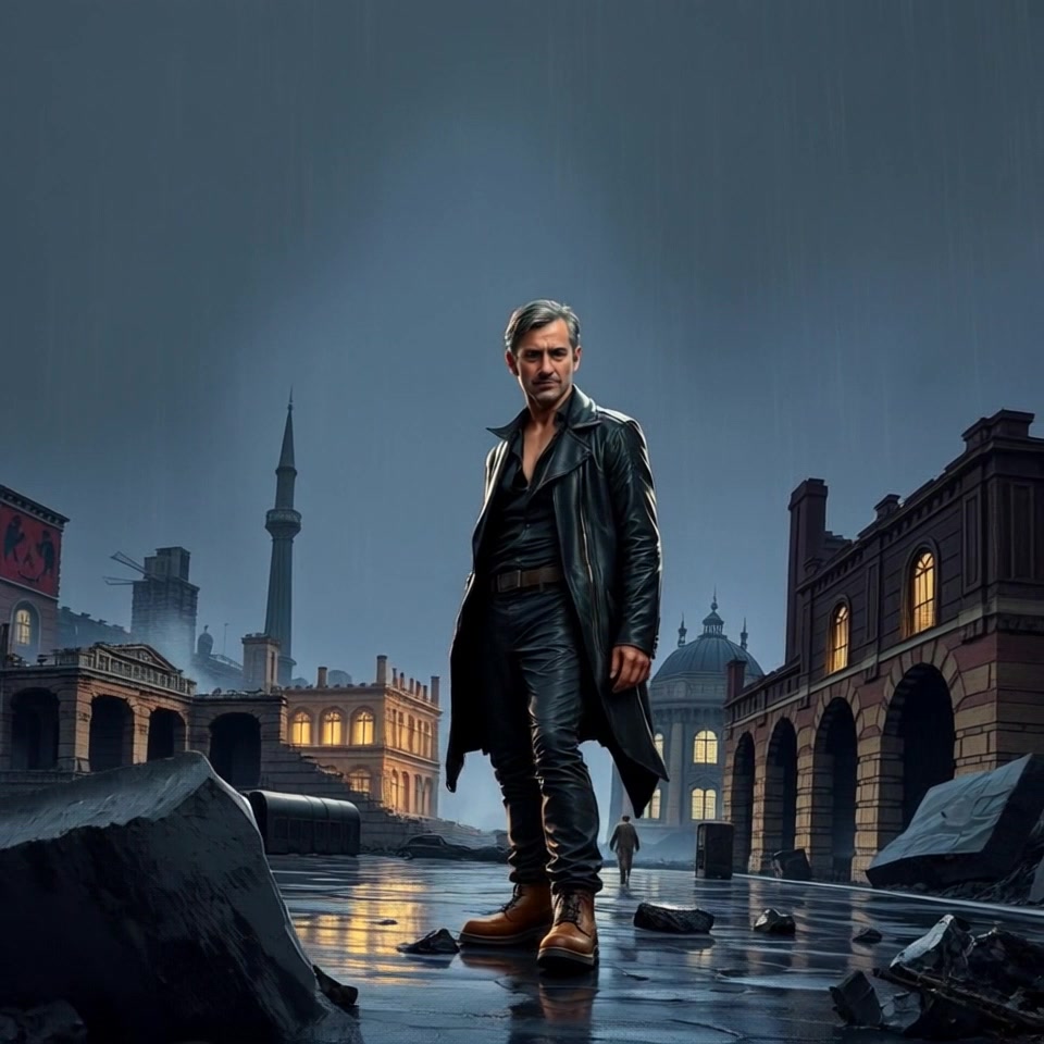 Scene: A solitary figure stands amidst the crumbling ruins of a desolate cityscape under a cloudy sky. Style: Dim, moody light creating a somber atmosphere, highlighting the decay and isolation of the environment. Motion: The camera performs a slow, sweeping dolly shot, moving around the figure to capture the extent of the surrounding destruction, engaging the viewer in the stark contrast between the lone figure and the collapsed remnants of civilization.