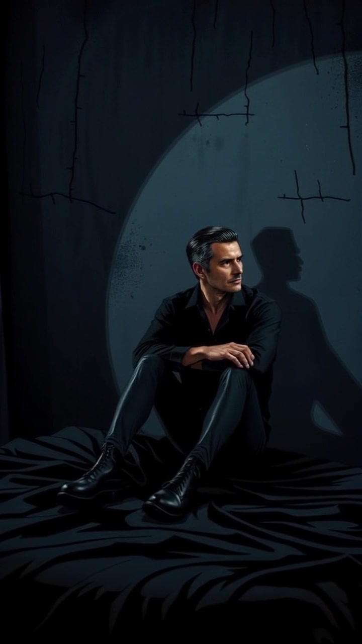 Scene: A dark, quiet room with Omar sitting on a bed, lost in contemplation as soft shadows dance on the wall. Style: Low light emphasizing the moody atmosphere, with soft, diffused highlights around the figure. Motion: The camera slowly pushes in towards Omar, capturing the depth of his reflection, while the shadows subtly shift as if alive.