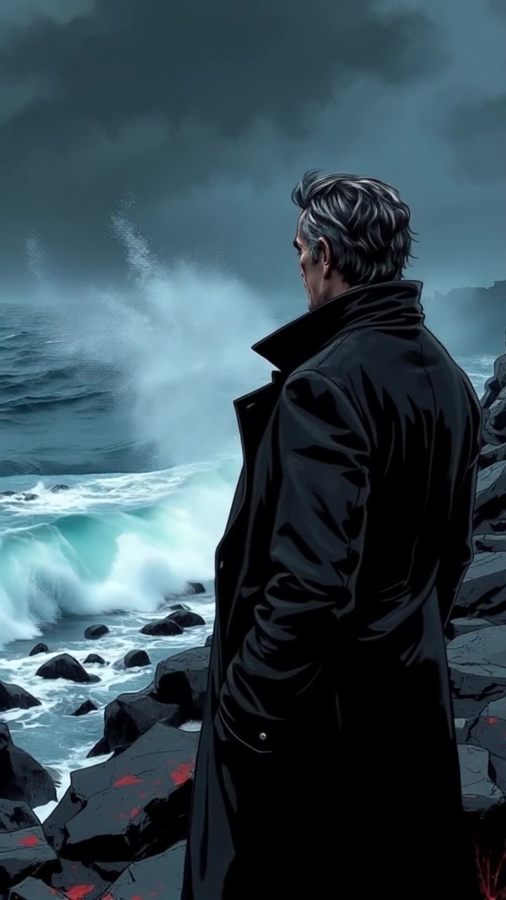 Subject: A figure standing on a rocky shore. Subject movement: The figure gazes out at the crashing waves, wind tousling their hair. Scene: Rugged coastal landscape with turbulent sea waves crashing against jagged rocks. Style: Dramatic lighting with moody, overcast skies, casting an ethereal ambiance. Motion: The camera slowly pans from the crashing waves to the figure, capturing the power of nature and the figure’s contemplation, as the backdrop sparkles with ocean spray.