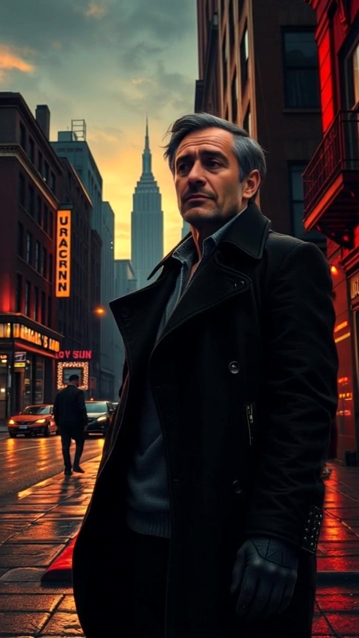 Subject: A figure standing on a city street at sunset. Subject movement: The figure, deep in thought, slowly turns their head to observe the vibrant changes in the surroundings. Scene: Bustling urban city street bathed in warm hues of sunset, with silhouettes of buildings and passing cars creating a dynamic backdrop. Lighting: Soft, golden-hour light accentuating the street's details and the figure's expression. Motion: The camera employs a slow, dramatic panning shot to capture the serene moment, smoothly transitioning from the solitary figure to the lively street scene around.