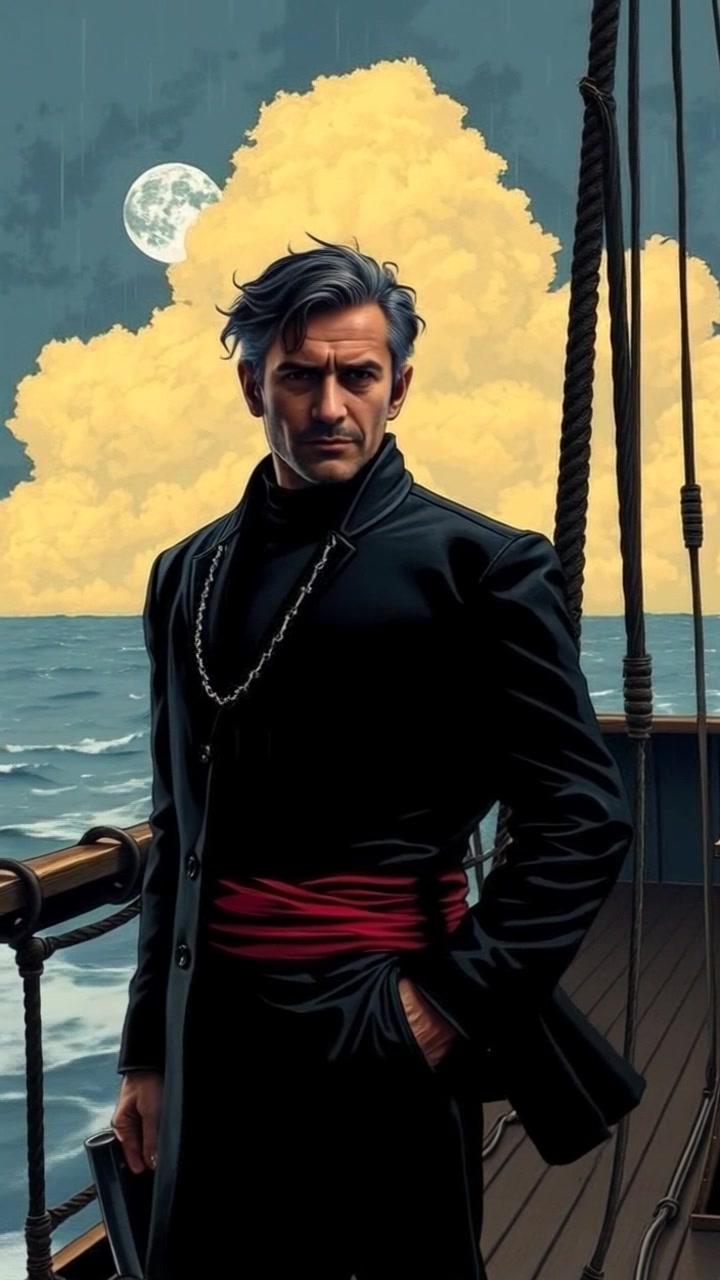 Subject: A silhouette of a person standing on the deck of a ship, gazing out towards the horizon. Subject movement: The figure shifts slightly as the ship sways with the motion of the water. Scene: Open sea with soft waves and a vast sky filled with clouds above. Style: Dramatic, overcast lighting that creates a moody atmosphere. Motion: Camera slowly pushes in towards the figure to capture the moment of contemplation, with gentle sway mimicking the movement of the ship.