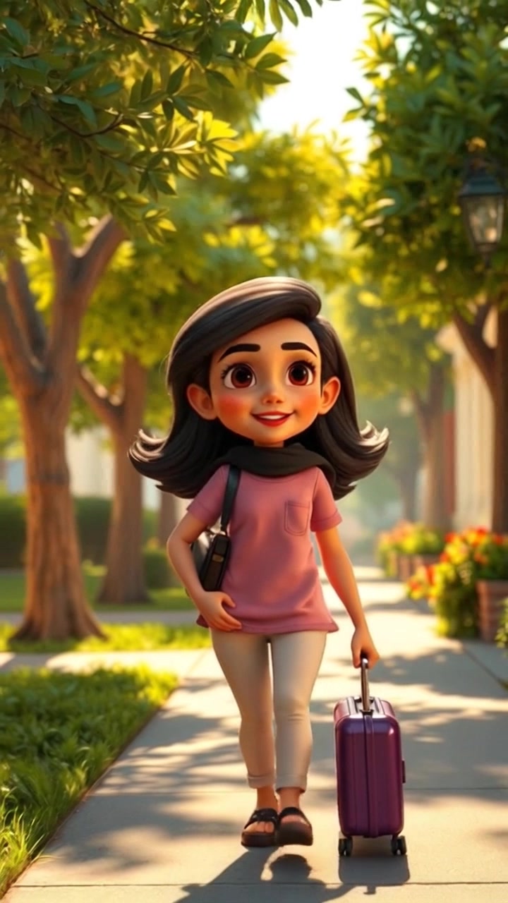 Subject: Laila walking towards her home. Subject movement: She strides confidently along the sidewalk, the sunlight casting a warm glow on her path. Scene: A tree-lined sidewalk in bright afternoon light leading up to a cozy home. Motion: The camera follows Laila with a smooth tracking shot from a low angle, capturing the vibrant colors of the trees and the inviting atmosphere of the neighborhood.